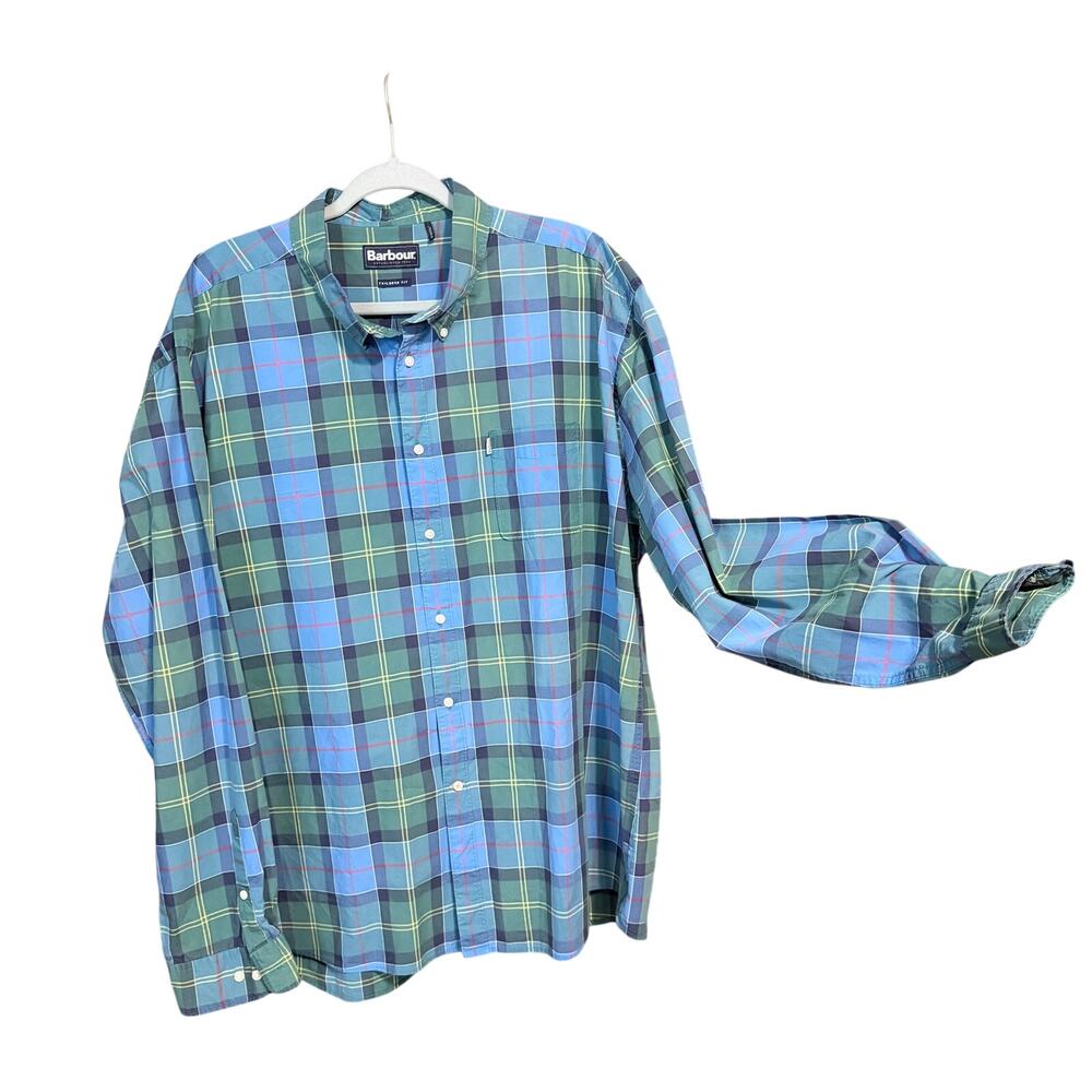 Barbour blue green long sleeve plaid button front shirt XXL men’s tailored fit
